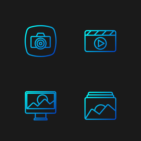 Set line Photo frame retouching camera and Movie clapper. Gradient color icons. Vector.のイラスト素材