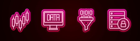 Set line Browser with stocks market Data analysis Binary code and Server security padlock. Glowing neon icon. Vector.のイラスト素材