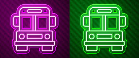 Glowing neon line School Bus icon isolated on purple and green background. Public transportation symbol. Vector.のイラスト素材