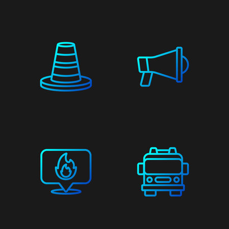 Set line Fire truck Location with fire flame Traffic cone and Megaphone. Gradient color icons. Vector.のイラスト素材