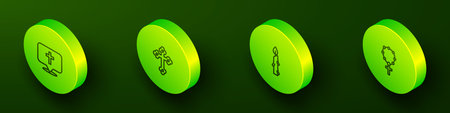 Set Isometric line Location church building Christian cross Burning candle and Rosary beads religion icon. Vector.のイラスト素材