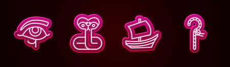 Set line Eye of Horus Snake Egyptian ship and Crook. Glowing neon icon. Vector.のイラスト素材