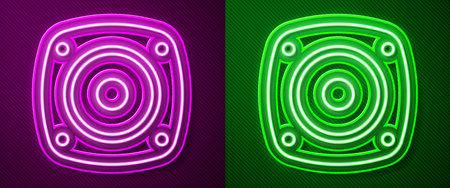 Glowing neon line Stereo speaker icon isolated on purple and green background. Sound system speakers. Music icon. Musical column speaker bass equipment. Vector.のイラスト素材