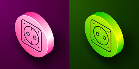 Isometric line Electrical outlet icon isolated on purple and green background. Power socket Rosette symbol. Circle button. Vector.のイラスト素材
