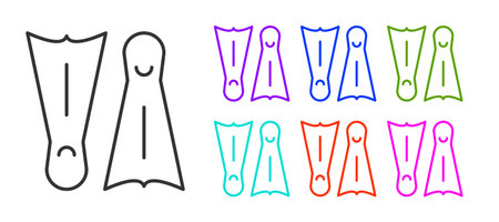 Black line Rubber flippers for swimming icon isolated on white background. Diving equipment. Extreme sport. Diving underwater equipment. Set icons colorful. Vector.のイラスト素材