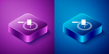 Isometric Auction hammer icon isolated on blue and purple background. Gavel - hammer of judge or auctioneer. Bidding process, deal done. Auction bidding. Square button. Vector.のイラスト素材