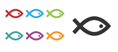 Black Christian fish symbol icon isolated on white background. Jesus fish symbol. Set icons colorful. Vector.のイラスト素材