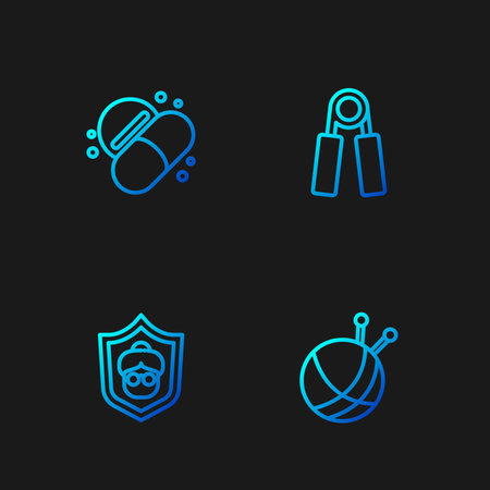 Set line Yarn ball with knitting needles, Grandmother, Medicine pill or tablet and Sport expander. Gradient color icons. Vector.のイラスト素材