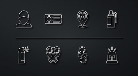 Set line Vandal Pepper spray Hand grenade Handcuffs Gas mask Police badge Flasher siren and Location peace icon. Vector.のイラスト素材