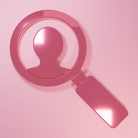 Pink magnifying glass icon isolated on pink background. Minimalism concept. 3D render illustration.