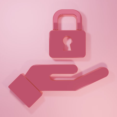 Pink Lock in hand icon isolated on pink background. Padlock sign. Security, safety, protection,...