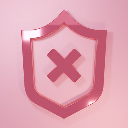 Pink Shield with cross mark icon isolated on pink background. Shield and rejected. Notice of refusal. Minimalism concept. 3D render illustration.の写真素材