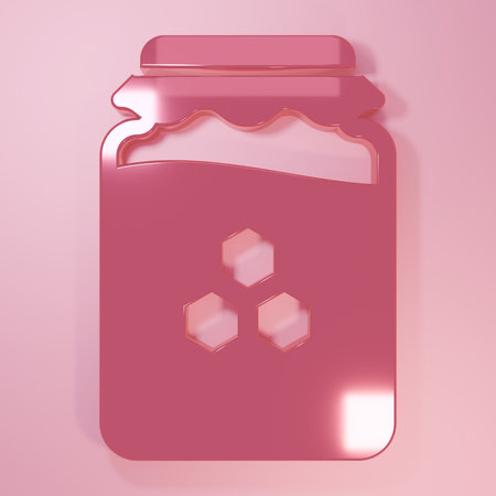 Pink Jar of honey icon isolated on pink background. Food bank. Sweet natural food symbol. Minimalism concept. 3D render illustration.の写真素材