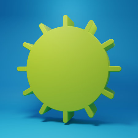 Green Sun icon isolated on blue background. Summer symbol. Good sunny day. Minimalism concept. 3D render illustration.の写真素材