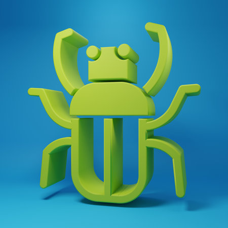 Green bug icon isolated on blue background. Minimalism concept. 3D render illustration.