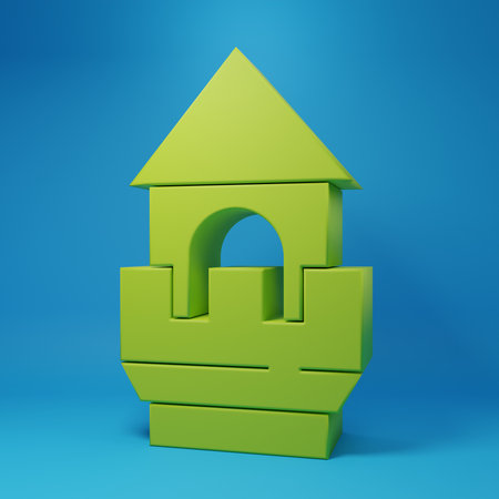 Green Castle tower icon isolated on blue background. Fortress sign. Minimalism concept. 3D render illustration.の写真素材