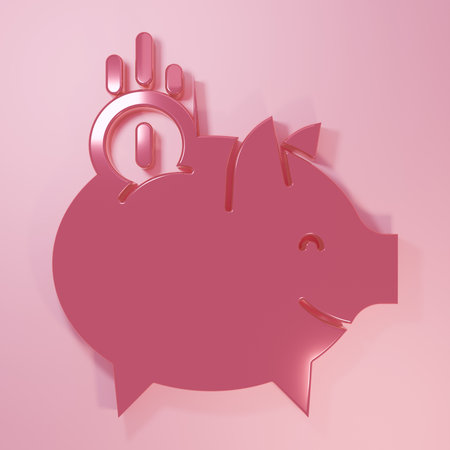 Pink Piggy bank with coin icon isolated on pink background. Icon saving or accumulation of money,...