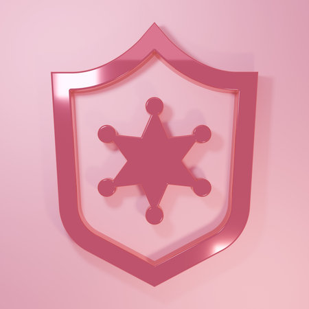 Pink Police badge icon isolated on pink background. Sheriff badge sign. Minimalism concept. 3D render illustration.の写真素材