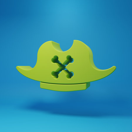 Green Pirate hat icon isolated on blue background. Minimalism concept. 3D render illustration.の写真素材
