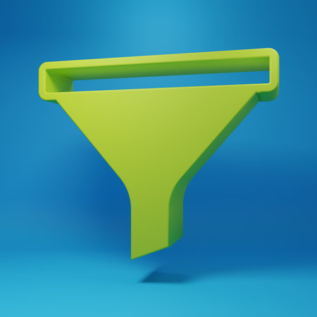 Green Funnel or filter icon isolated on blue background. Minimalism concept. 3D render illustration.の写真素材