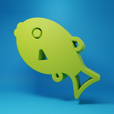 Green Tropical fish icon isolated on blue background. Exotic fish. Minimalism concept. 3D render illustration.の写真素材