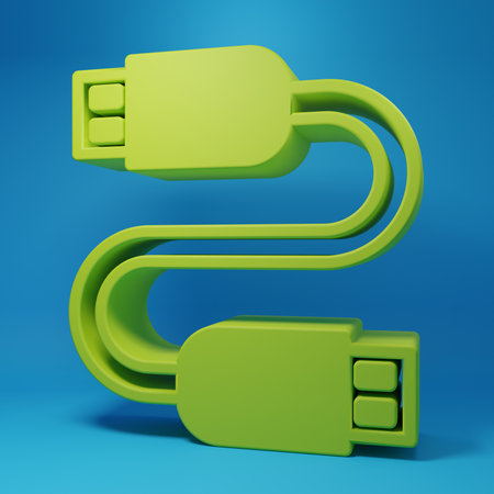 Green USB cable cord icon isolated on blue background. Connectors and sockets for PC and mobile...
