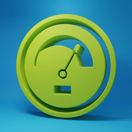 Green Speedometer icon isolated on blue background. Minimalism concept. 3D render illustration.