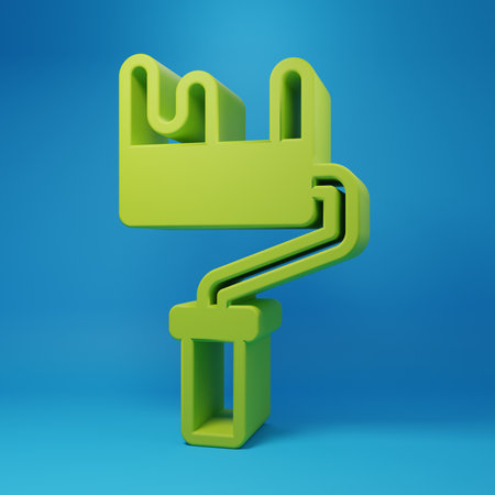 Green Paint roller brush icon isolated on blue background. Minimalism concept. 3D render illustration.の写真素材