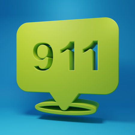 Green Telephone with emergency call 911 icon isolated on blue background. Police, ambulance, fire...