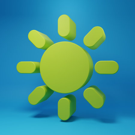Green Sun icon isolated on blue background. Minimalism concept. 3D render illustration.の写真素材