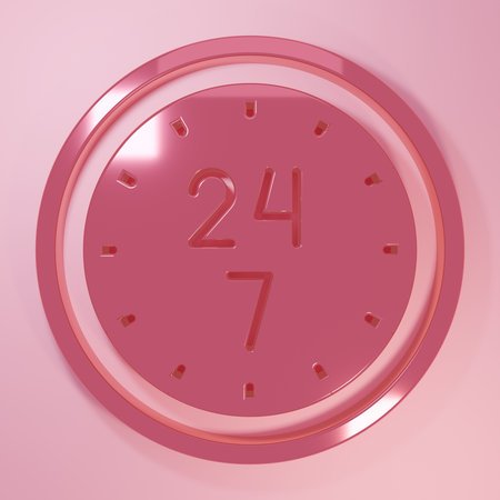 Pink Clock 24 hours icon isolated on pink background. All day cyclic icon. 24 hours service symbol....