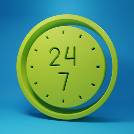 Green Clock 24 hours icon isolated on blue background. All day cyclic icon. 24 hours service symbol....