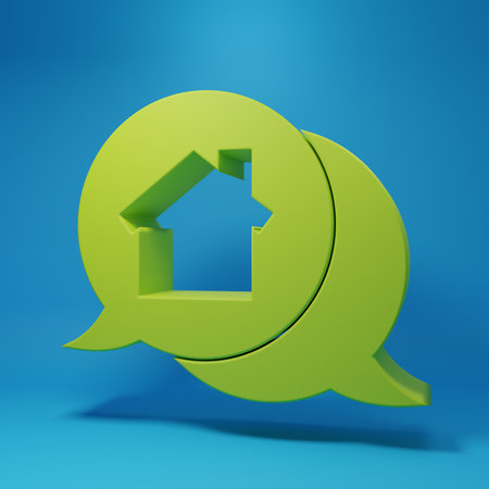 Green Real estate message house in speech bubble icon isolated on blue background. Minimalism...