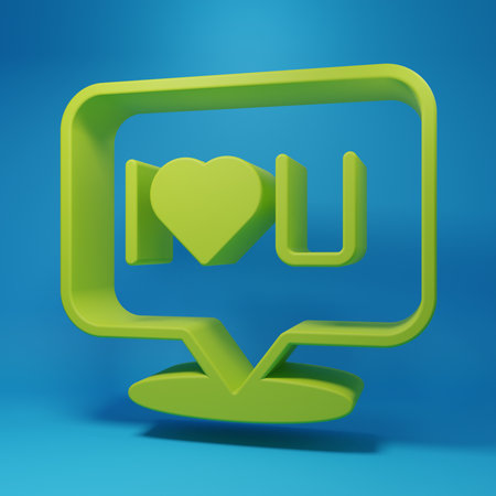 Green Speech bubble with text I love you icon isolated on blue background. Valentines day. Minimalism concept. 3D render illustration.の写真素材