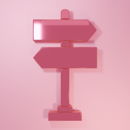Pink Road traffic sign. Signpost icon isolated on pink background. Pointer symbol. Isolated street...