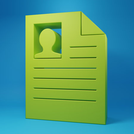 Green Resume icon isolated on blue background. CV application. Searching professional staff. Analyzing personnel resume. Minimalism concept. 3D render illustration.の写真素材