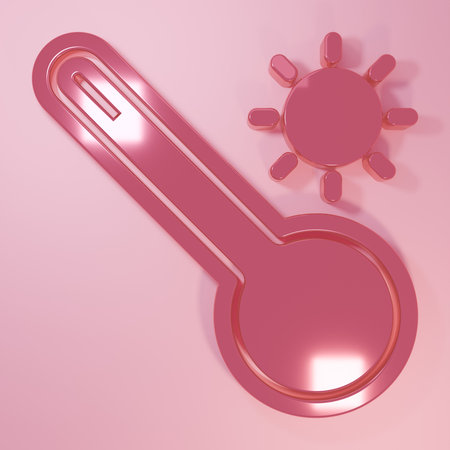 Pink Meteorology thermometer measuring heat and cold icon isolated on pink background. Thermometer...