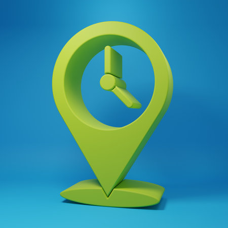 Green Location with clock icon isolated on blue background. Minimalism concept. 3D render...