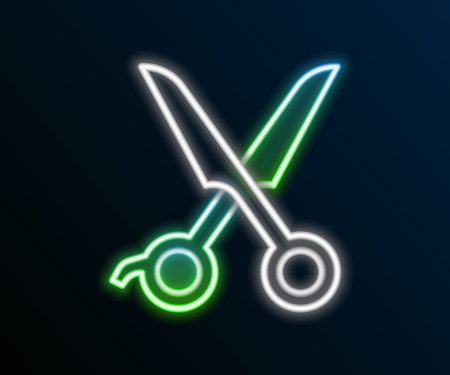Glowing neon line Scissors hairdresser icon isolated on black background. Hairdresser, fashion salon and barber sign. Barbershop symbol. Colorful outline concept. Vector.のイラスト素材