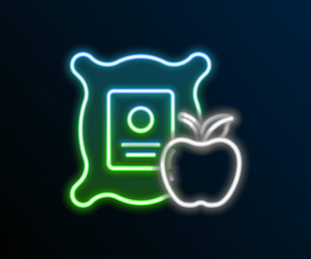 Glowing neon line Apple in the sack icon isolated on black background. Apples in a canvas bag. Farmers market. Colorful outline concept. Vector.のイラスト素材
