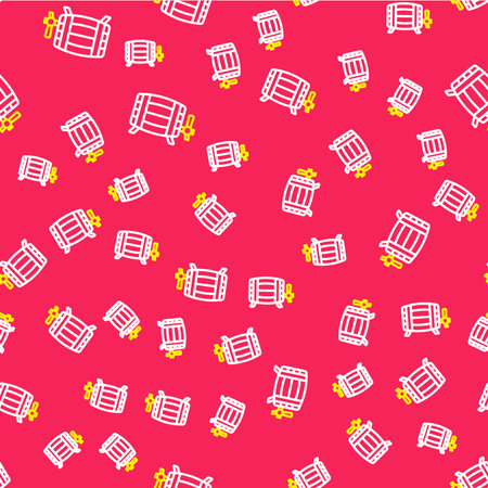 Line Wooden barrel icon isolated seamless pattern on red background. Alcohol barrel, drink container, wooden keg for beer, whiskey, wine. Vector.のイラスト素材