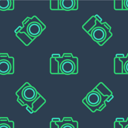 Line Photo camera icon isolated seamless pattern on blue background. Foto camera. Digital photography. Vector.のイラスト素材