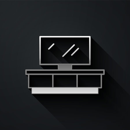 Silver TV table stand icon isolated on black background. Long shadow style. Vector.のイラスト素材