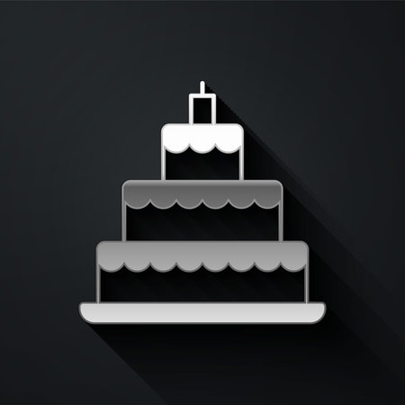 Silver Wedding cake icon isolated on black background. Long shadow style. Vector.のイラスト素材