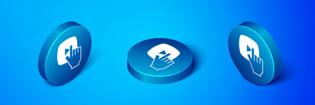 Isometric Online play video icon isolated on blue background. Film strip with play sign. Blue circle button. Vector.のイラスト素材