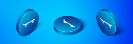 Isometric Skateboard icon isolated on blue background. Extreme sport. Sport equipment. Blue circle button. Vector.のイラスト素材