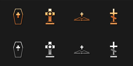 Set Coffin with cross, Grave, Holy bible book and icon. Vector.のイラスト素材