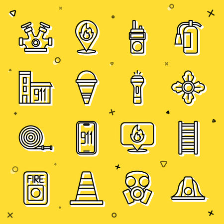 Set line Firefighter helmet escape Walkie talkie cone bucket Building of fire station hydrant and Flashlight icon. Vector.のイラスト素材
