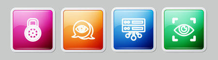 Set line Safe combination lock, Eye scan, Server, Data, Web Hosting and . Colorful square button....