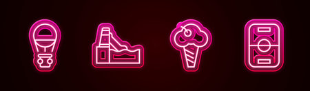 Set line Hot air balloon, Water slide, Ice cream in waffle cone and Hockey table. Glowing neon icon. Vector.のイラスト素材